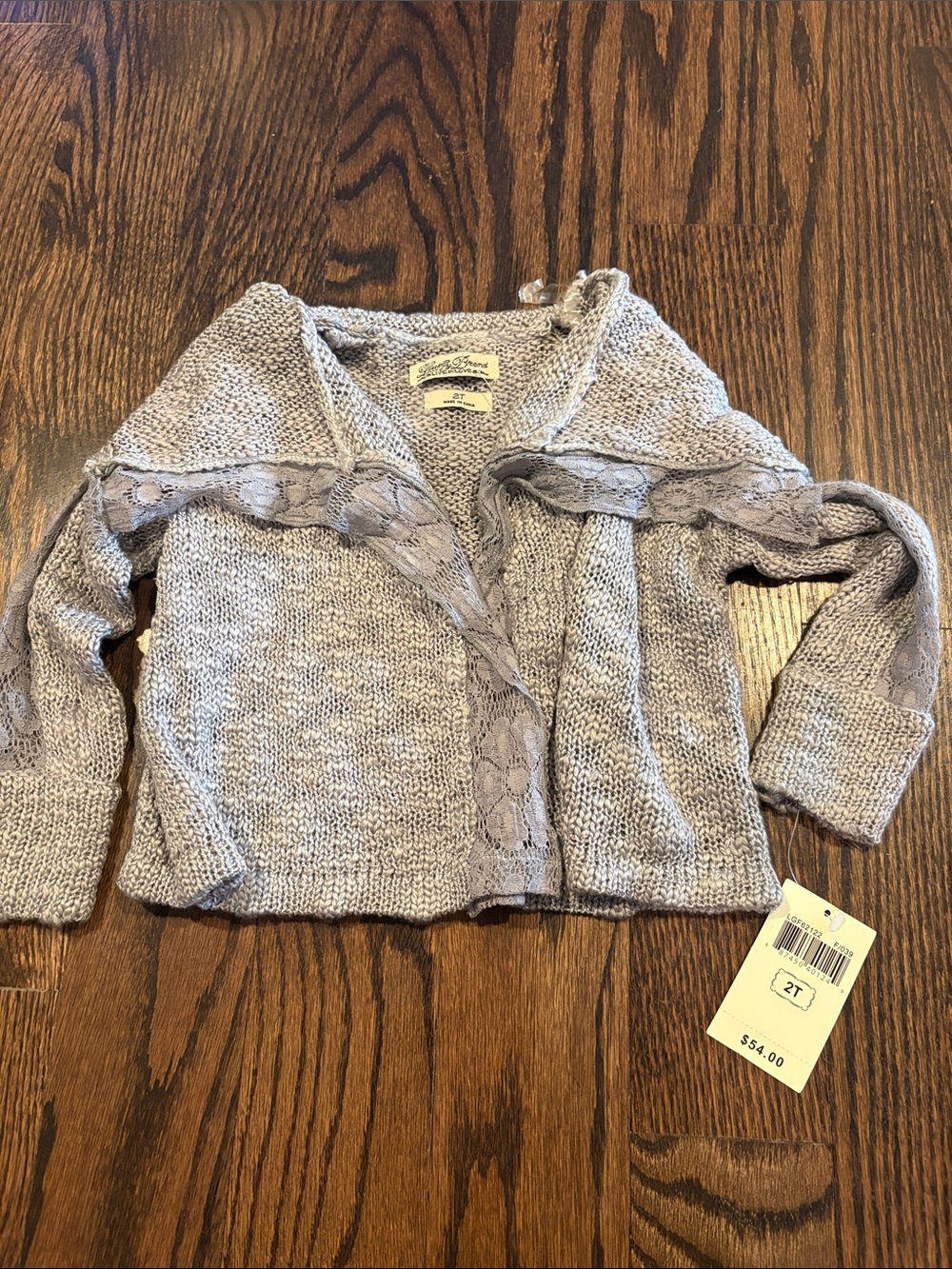 Lucky Brand Girls Light Gray Lace-Trim Open Cardigan Size 2T NWT